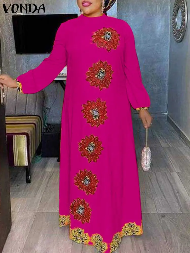 

Women Bohemian Printed Dress Summer Sundress VONDA 2022 Long Sleeve Vintage Printed Dress Fashion Holiday Party Vestido Femme 4#