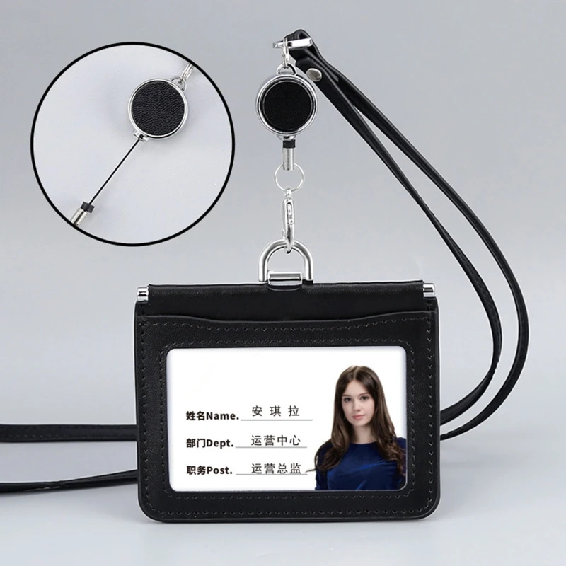 

Leather ID Badge Holder with Clear ID Window Credit Card Slot Detachable Neck Lanyards for Women Men