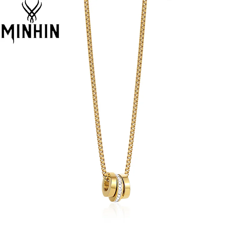 

MINHIN Round Circle Necklace Pendant Gold Color Stainless Steel Wheels Necklaces for Women Cubic Zirconia Party Jewelry Choker