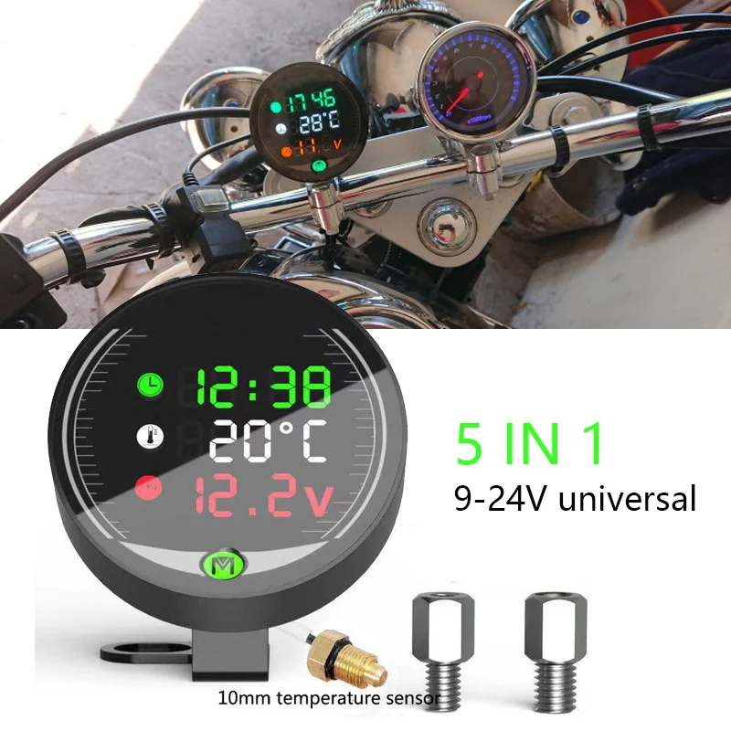 

5 in 1 Motorcycle Water Temperature Meter USB Rechargable Time Voltmeter LED Night Vision Meter with Temperature Sensor