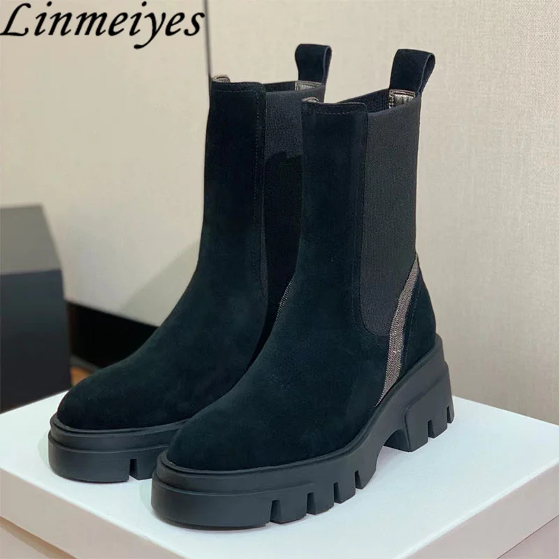 

Женские ботинки на толстой подошве, ботинки из коровьей замши, с круглым носком