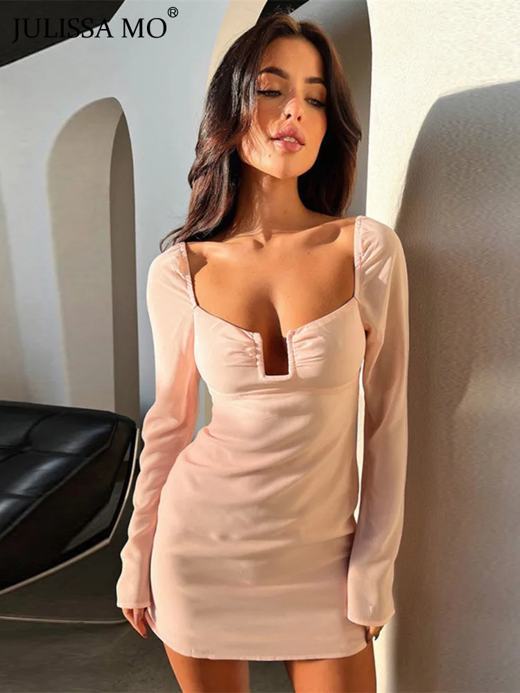 

JULISSA MO Sexy Square-Neck Patchwork Long Sleeve Backless Mini Dress For Women Autumn Fashion Hollow Out Slim Outfits Dresses