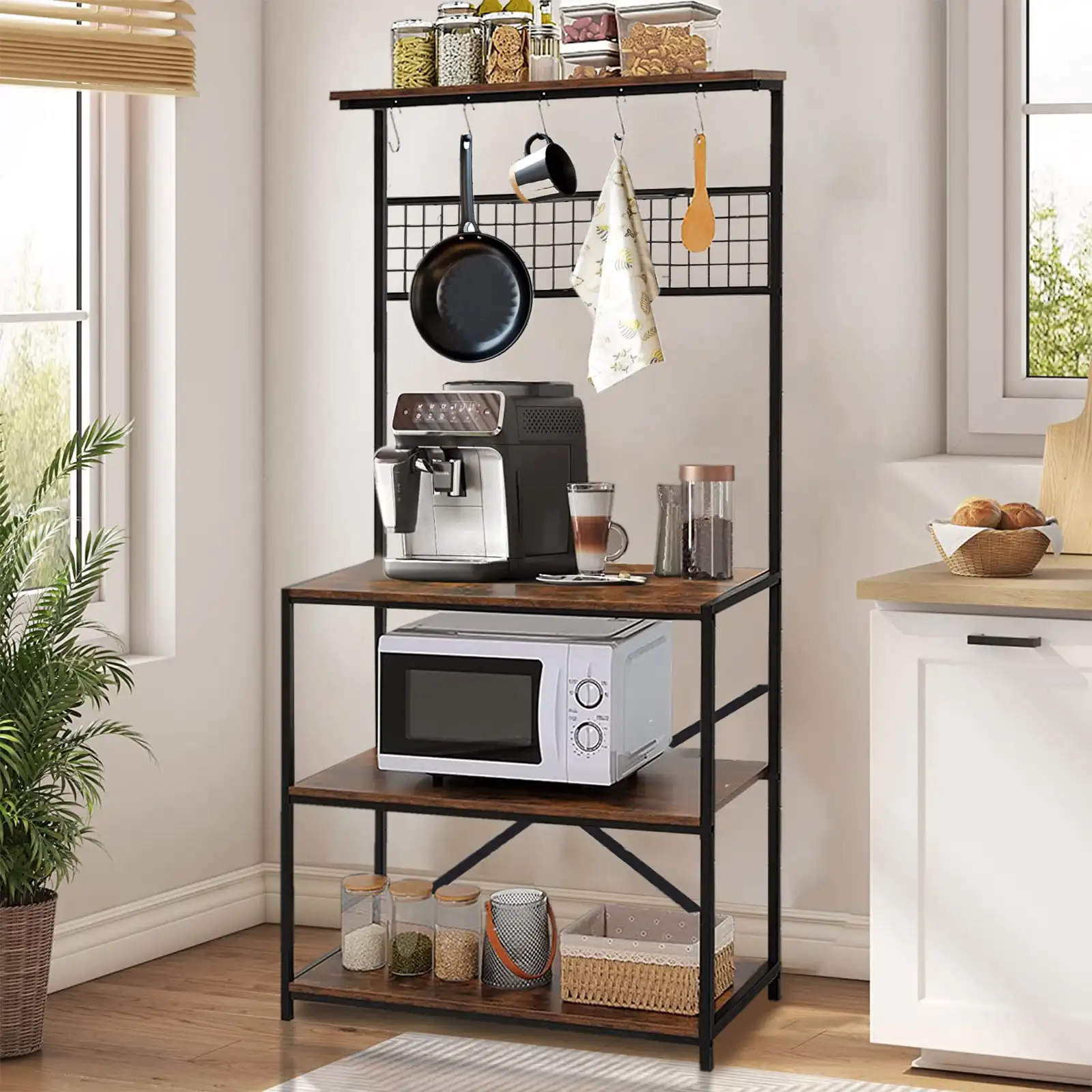 

SUGIFT 4-уровневая стандартная кухонная полка для хранения, стойка для микроволновой печи с 10 крючками