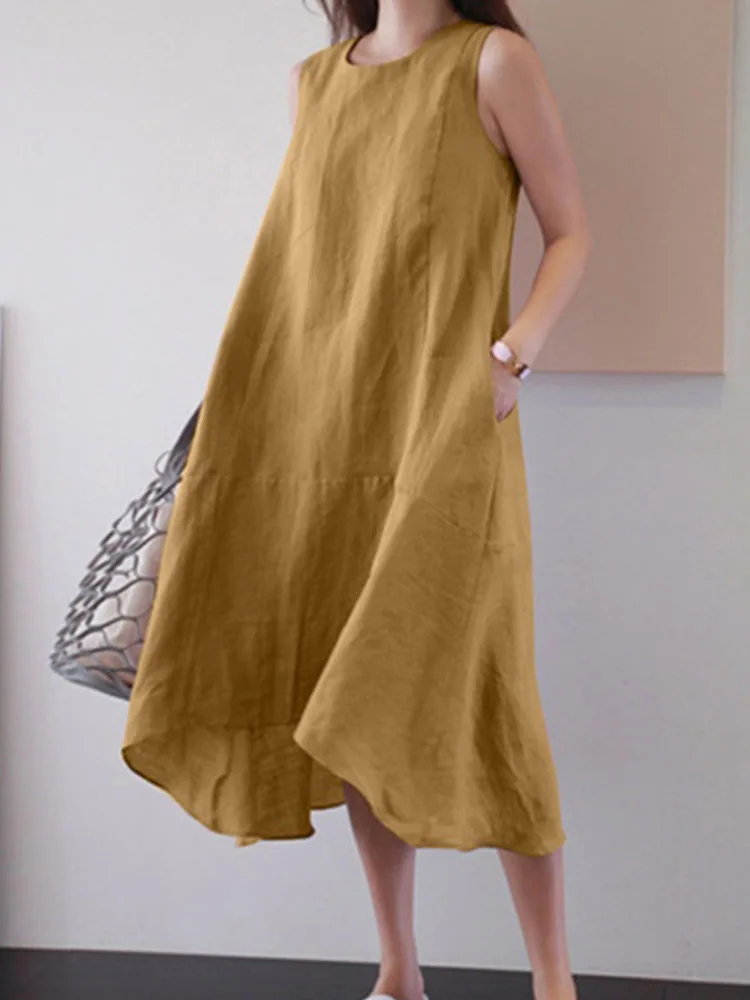 

2022 Women Casual Sleeveless Tank A-Line Dress Solid Fashion Pocket Long Party Dress Lady Summer O-Neck Loose Cotton Linen Dress