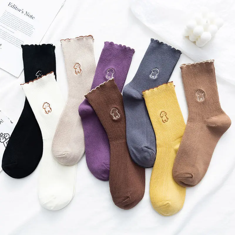 

Cute cartoon embroidery dog pattern in tube socks student lace sports spring and summer comfortable solid color socks