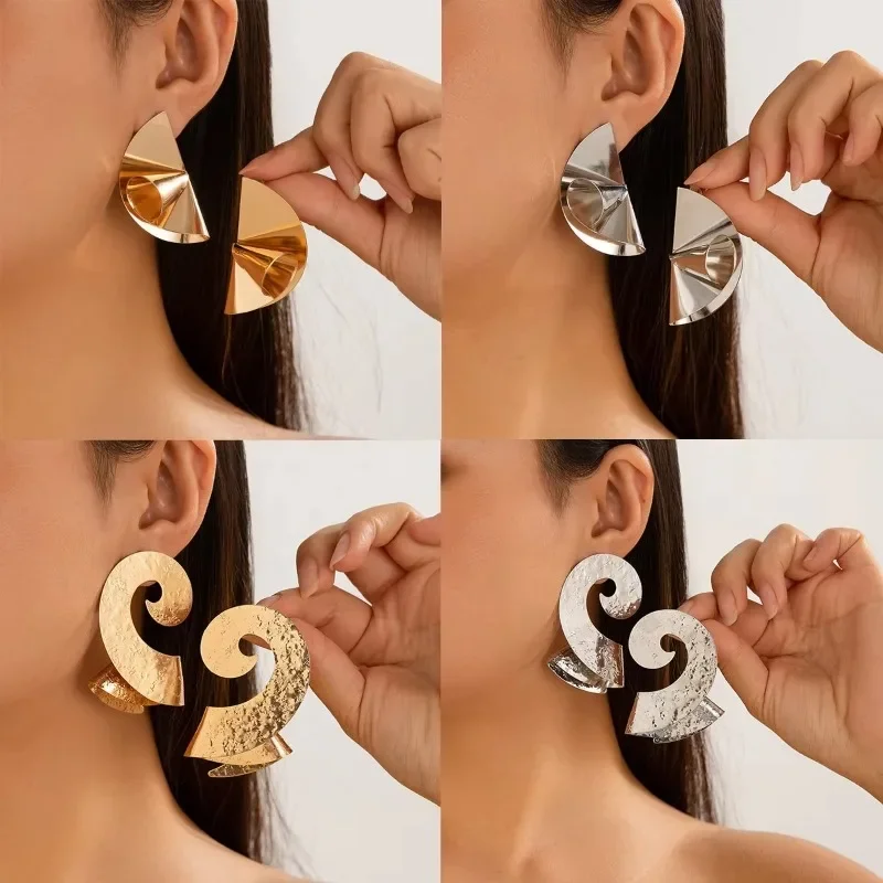 Fashion Gold Double Layer Fold Fan Shape Stud Earrings Silver Irregular Spiral Earring for Women Beach Prom Jewelry Gift