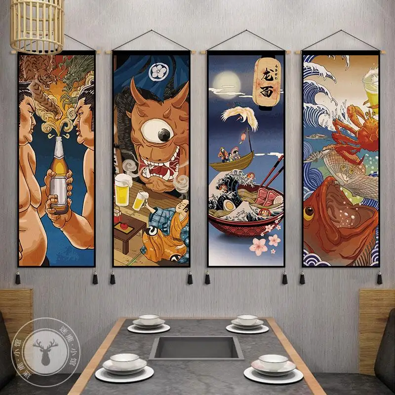 

Japanese Ukiyoe Wall Art Wood Hanging Scroll Canvas Painting Art Poster Print Monster Pictures for Home Decor Restaurant Bar