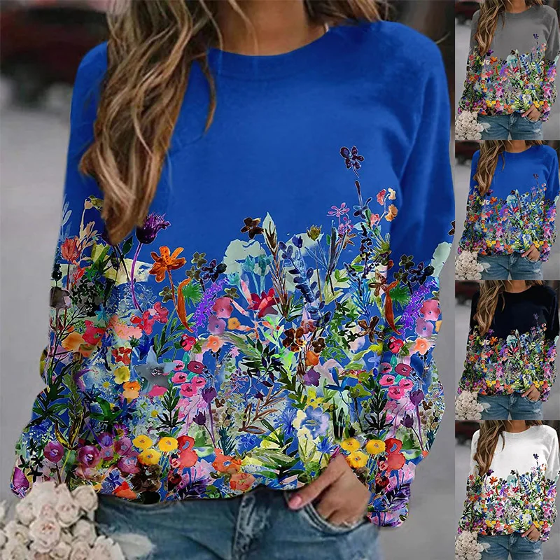 

2022 New Round Neck Floral Print Top Retro Elegant Sweater Simple Long Sleeve Autumn Winter Women's Casual T-shirt Pullover Tee
