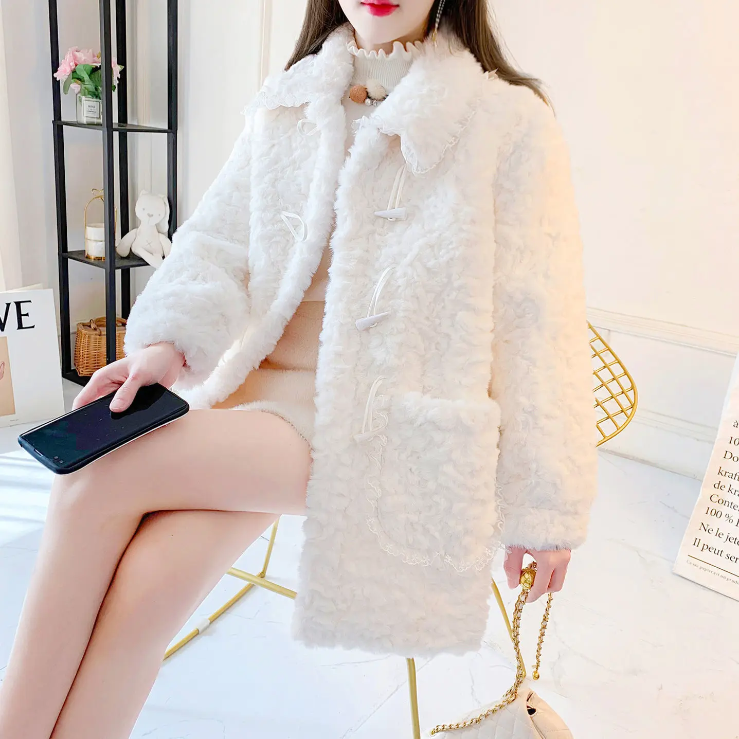 Autumn Winter Woman New Faux Fur Coat Loose Sweet Korean Fashion Tops Cute Kawaii Lace Patchwork Lamb Wool Warm Jacket Clothing