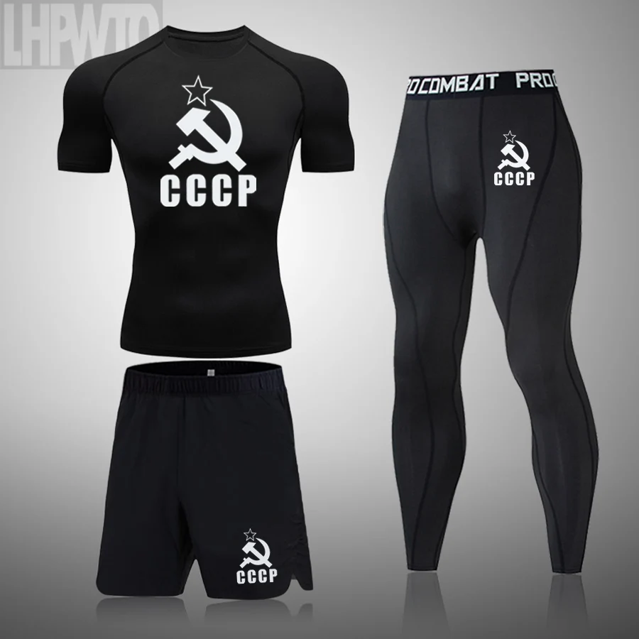 

CCCP Men Tracksuit Gym Fitness Compression T-Shirt Sport Suit Men Sportswear Running Jogging Workout Tights Rashguard Men Sets