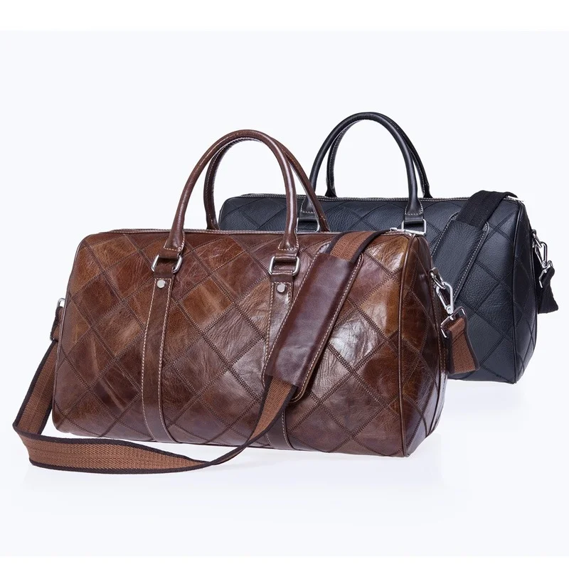 Men's Hand Travel Bag Manufacturers Genuine Leather Top Layer Cowhide Plaid Retro Men's Bag Shoulder Luggage Bag Wholesale