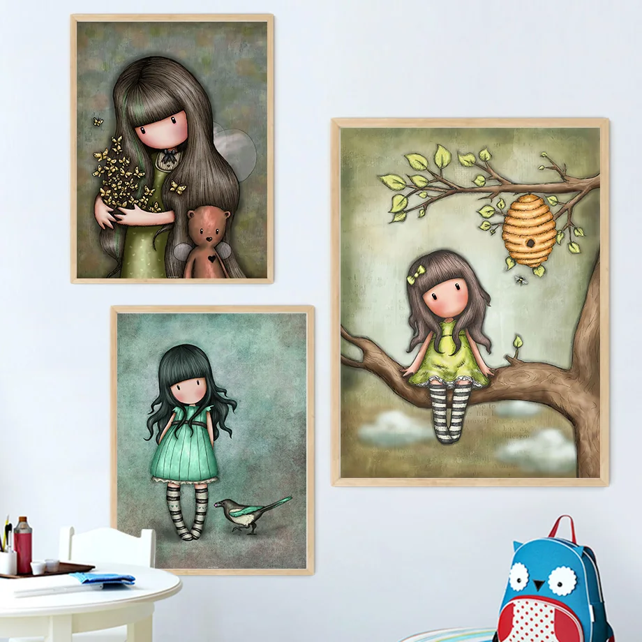 

Картина на холсте красочный мультфильм девочка птица кролик Роза настенные художественные скандинавские плакаты и принты настенные картины для детской комнаты декор