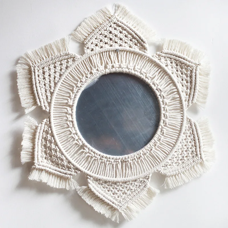 

Decorative Mirror Nordic Garland Tapestry Porch Wall Mirror Handmade Cotton Rope Woven Mirror Bedroom Makeup Mirror Hanging Deco