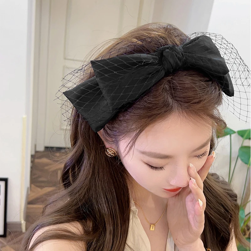 

New Fashion Hair Accessories For Women Oversized Double-layer Bow Knot Headband Solid Color Mesh Hairband Wholesale Hot Selling