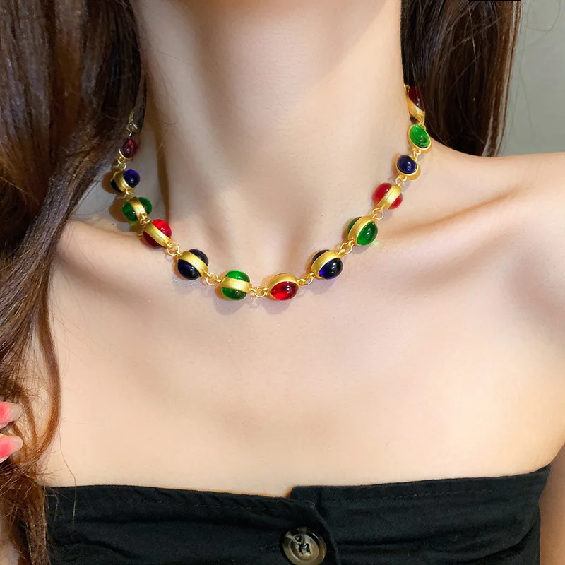 

Trendy Colorful Oval Round Beads Necklace Clavicle Chain Fashion Necklace Women