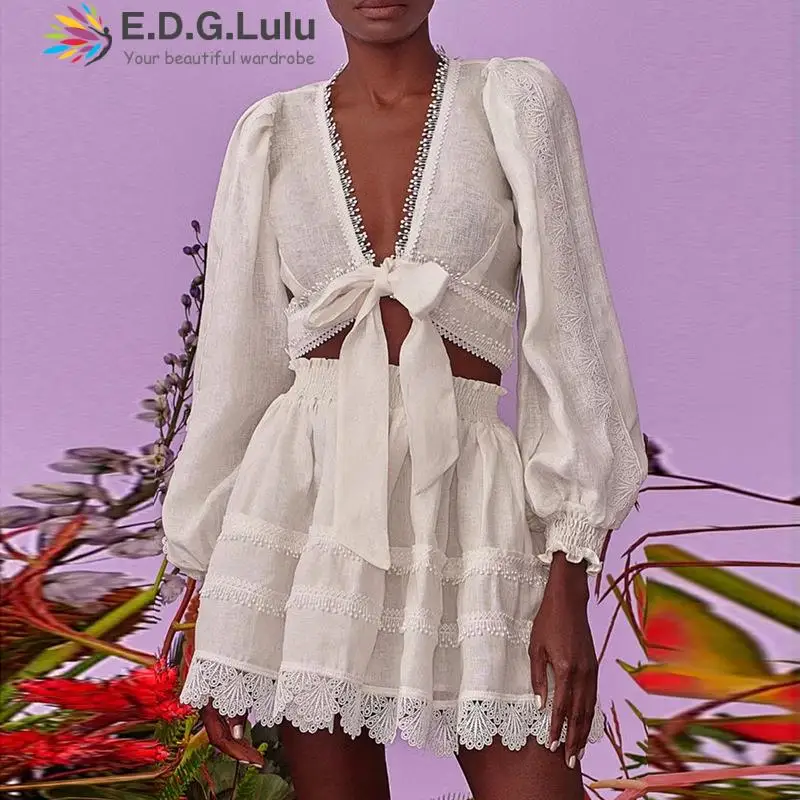 

EDGLuLu Women Two Pieces Sets Sexy V-neck Long Sleeves Hollow Lace Top + High Waist Ruffle Dress 2 Pieces Sets White Suit 0518