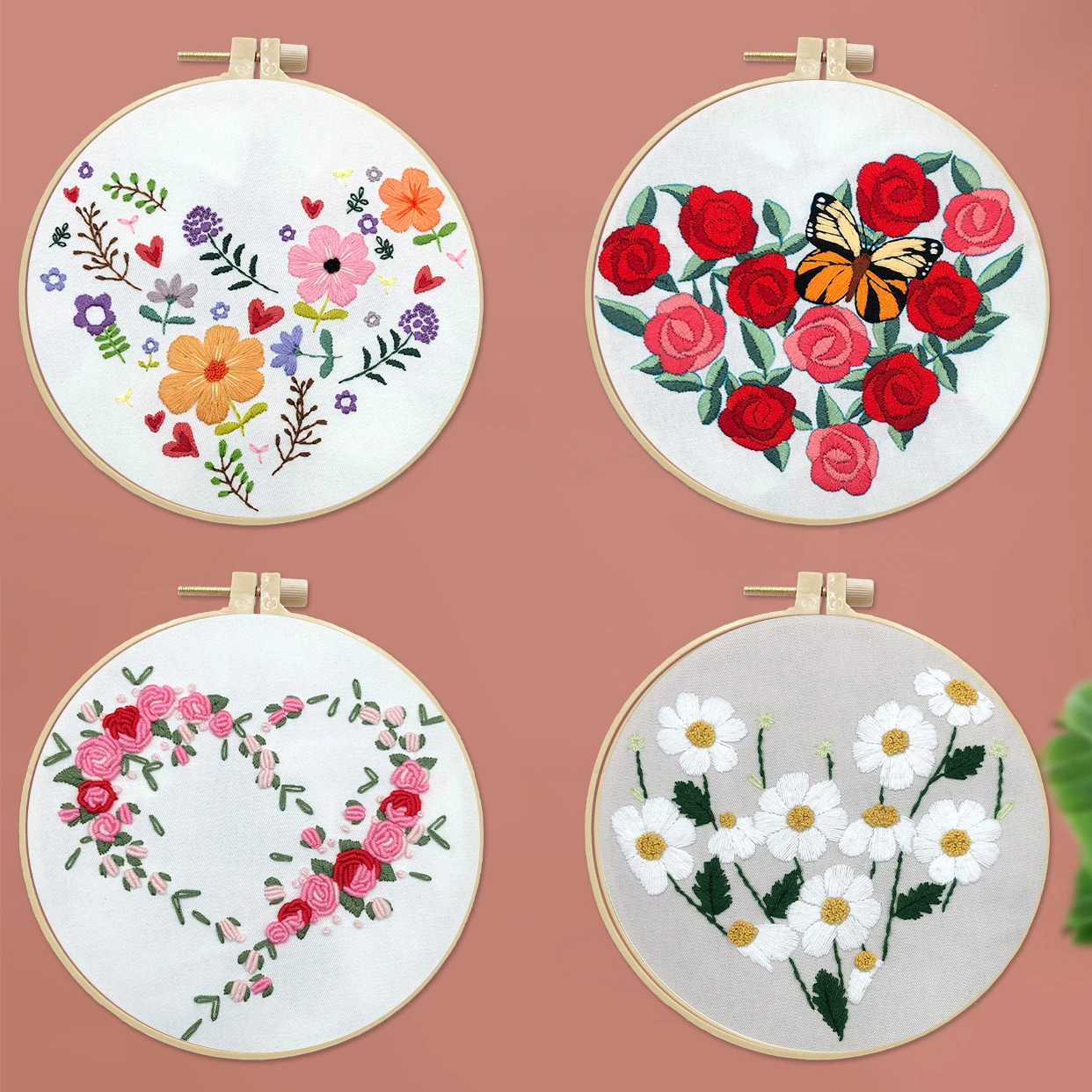 

Heart Shape Flower Embroidery Kit DIY Needlework Houseplant Pattern Needlecraft for Beginner Cross Stitch Artcraft(With Hoop)