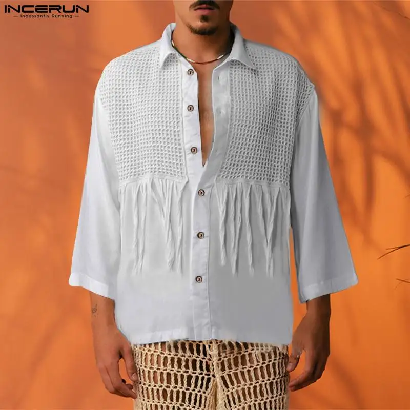 

Men Shirt Lapel Long Sleeve Mesh Tassel Solid Color Button Casual Men Clothing 2023 Streetwear Fashion Leisure Camisas INCERUN
