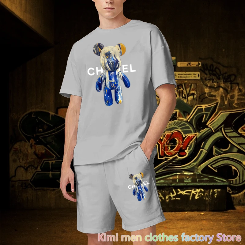 Bear print TShirts Shorts Sets Cotton Set Men Oversized 2 Piece Outfits Sets for Men Summer Streetwear Tracksuit Jogging suit
