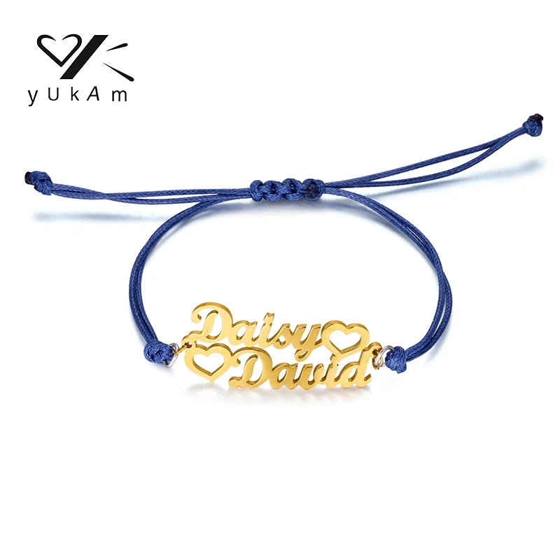 YUKAM Blue Adjustable Rope Steel Bracelet Custom Stainless Name Bracelets Woman Women Girls Personalized Personalised Bangle