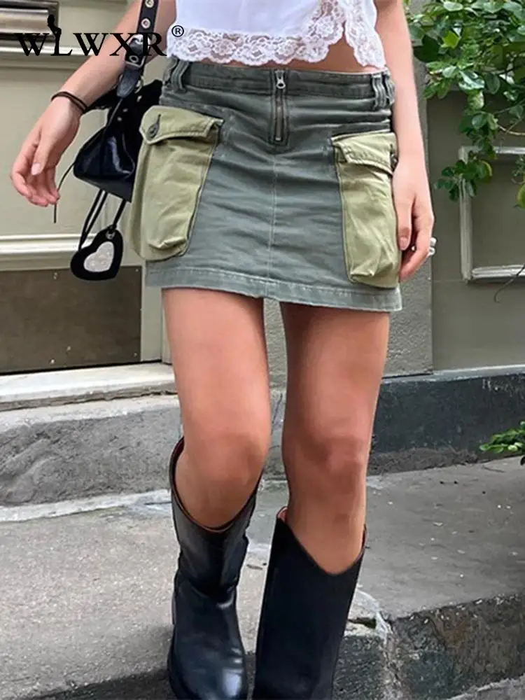 

WLWXR Summer Sexy Skirts For Women 2022 Pocket High Waist Zipper Button Skirts A-line Loose Green Party Mini Skirts Female
