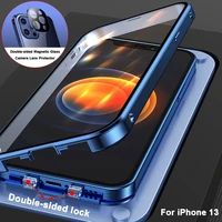 360 full magnetic adsorption metal snap case for iphone 11 13 12 pro max 13mini 12mini double sided glass with camera lens cover