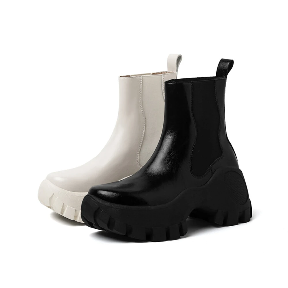 

Women Genuine Leather Ankle Boots Solid Color Slip On Black Beige High Wedges Heeled Boots Punk Lady Round Toe Platform Shoes