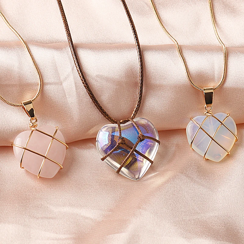 Модное милое ожерелье Love, ожерелье с покрытием из проволоки, розовый кварц и опал, сердце из циркония, Замок принцессы, ожерелья, парные бриллианты, подарок