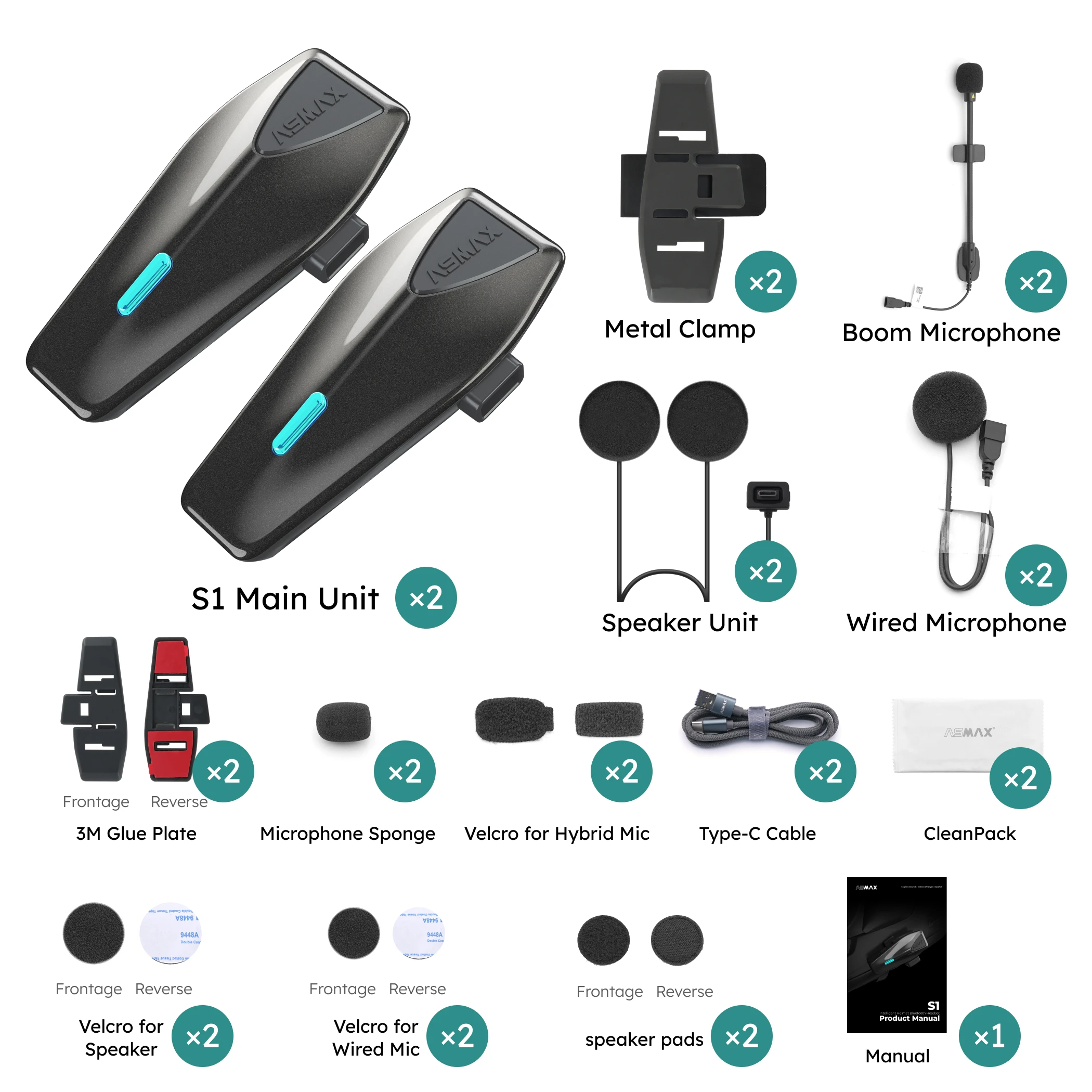 

ASMAX S1 Bluetooth Мотоциклетный домофон 8 гонщиков Коммуникационная гарнитура с микрофоном FM и ENC, голосовым управлением, водонепроницаемость IPX7