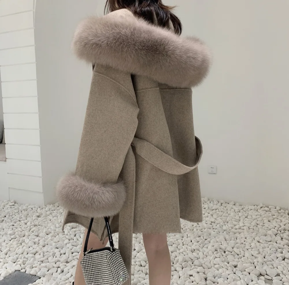 Hot Sale Winter Women Casual Coat Cashmere Wool Blends Jacket Real Fur Coat Natural Fox Fur Collar Hooded Streetwear Loose