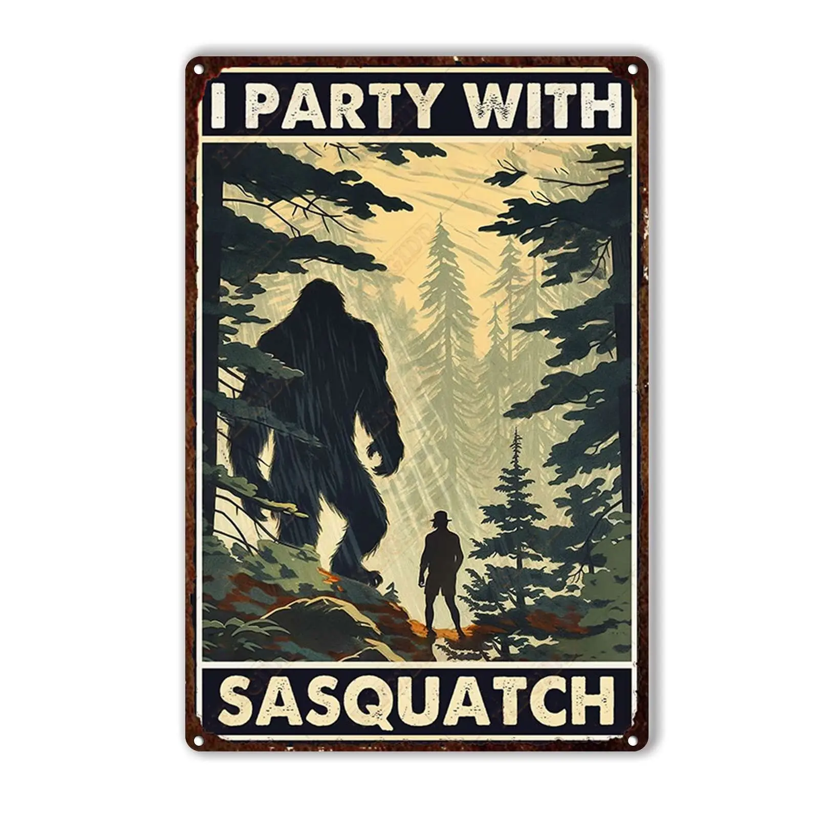 FLFGIDD Ретро жестяной знак кемпинг и Бигфут I вечерние с Sasquatch металлический Man