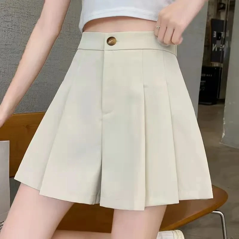 Summer Beige Shorts Women 2022 Pleated Wide Leg Pants Casual Korean Version New Fashion High Waist Slim Design Suit Shorts Women