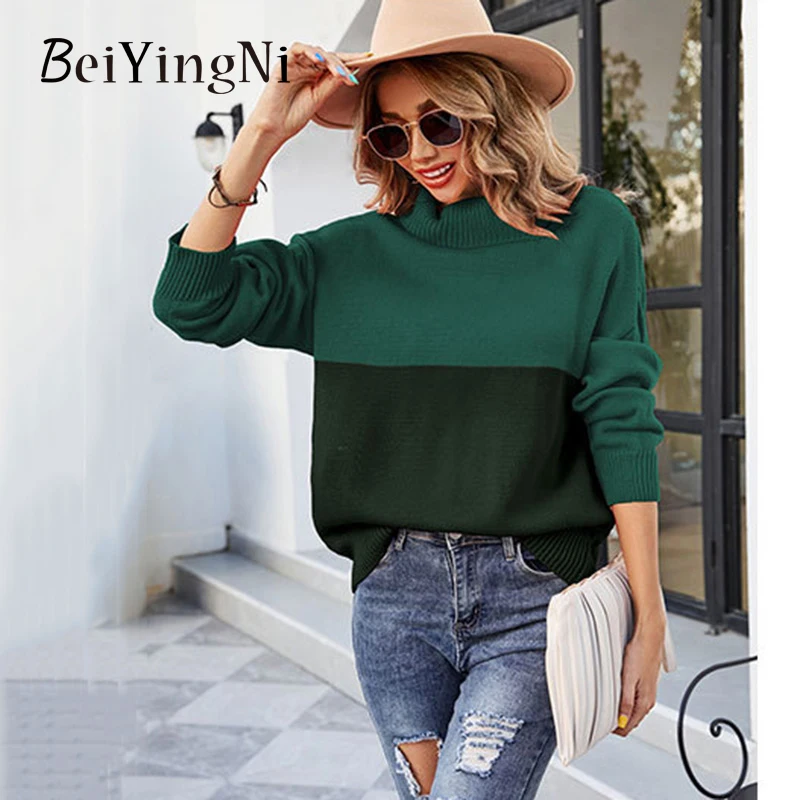 

Beiyingni 2022 Autumn Winter Casual Women's Sweater Turtleneck Long Sleeve Spell Color Pullover Femme Knitting Thicken Jumper