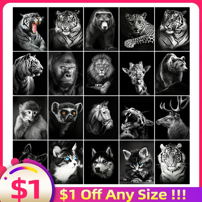 

Evershine Diamond Painting Art Black White Animal Pictures Mosaic Monkey 5D Diamond Embroidery Lion Tiger Cross Stitch Kits