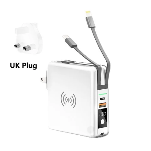 Беспроводной внешний аккумулятор 4 в 1, 10000 мАч, с кабелем, вилкой переменного тока, настенное зарядное устройство PD, 20 Вт, быстрая зарядка для iPhone 16 Xiaomi Samsung Powerbank