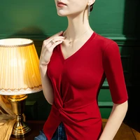 cross v neck cotton t shirt womens spring and summer new slim solid color split western style large size top woman tshirts