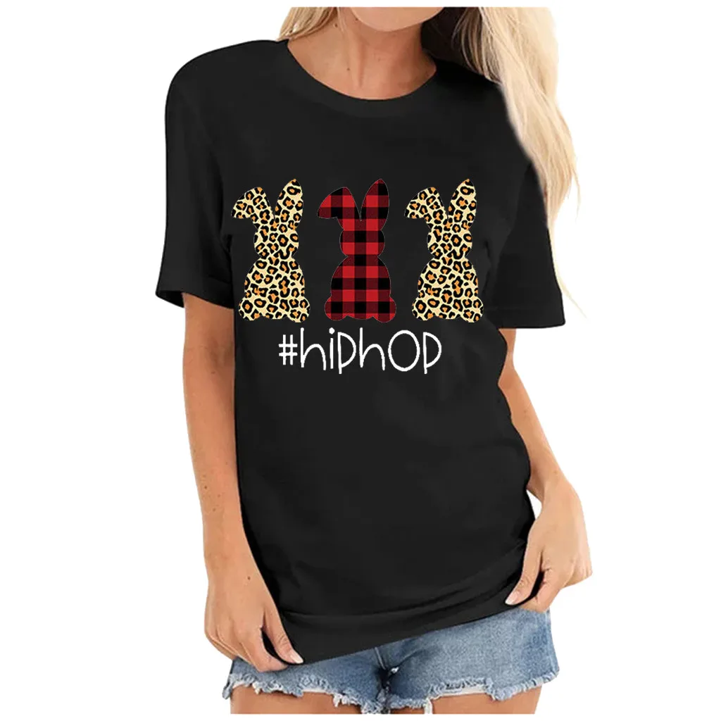 

Easter Women Summer Leopard Print Round Neck Short Sleeved T-shirt Blouse