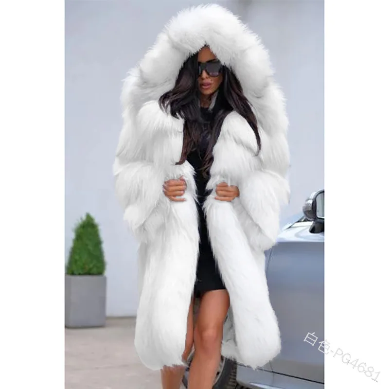 Women Autumn Winter Thicken Warm Faux Fur Hooded Jacket Fashion Long Coat Female Long Sleeve Oversize 5XL Faux Fur Luxurious