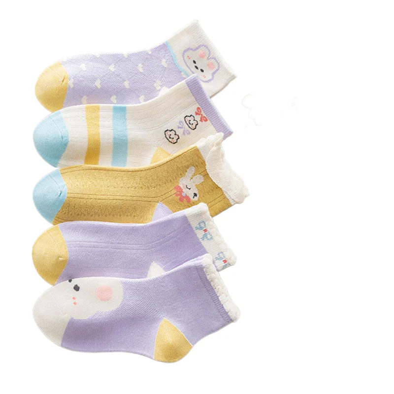 5 pairs of spring and summer children's socks, mesh socks, thin cute bunny flower cotton socks, lace princess girls' socks