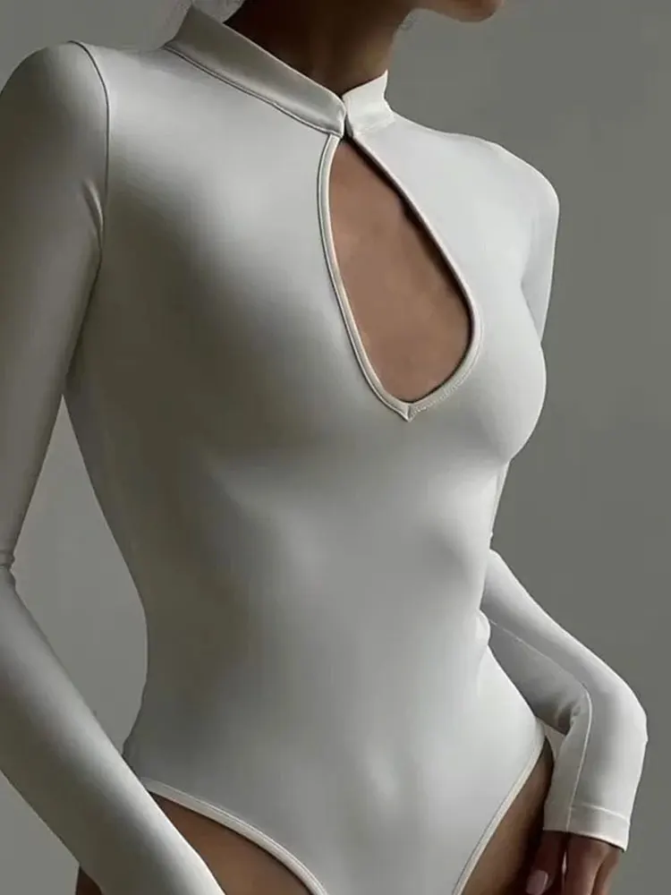 

Party Top Solid Body Woman Dress Up Sexy Bondadge Bodysuit Slim Basic Tops Women Hollow Out Long Sleeve Woman Bodysuit T-shirt