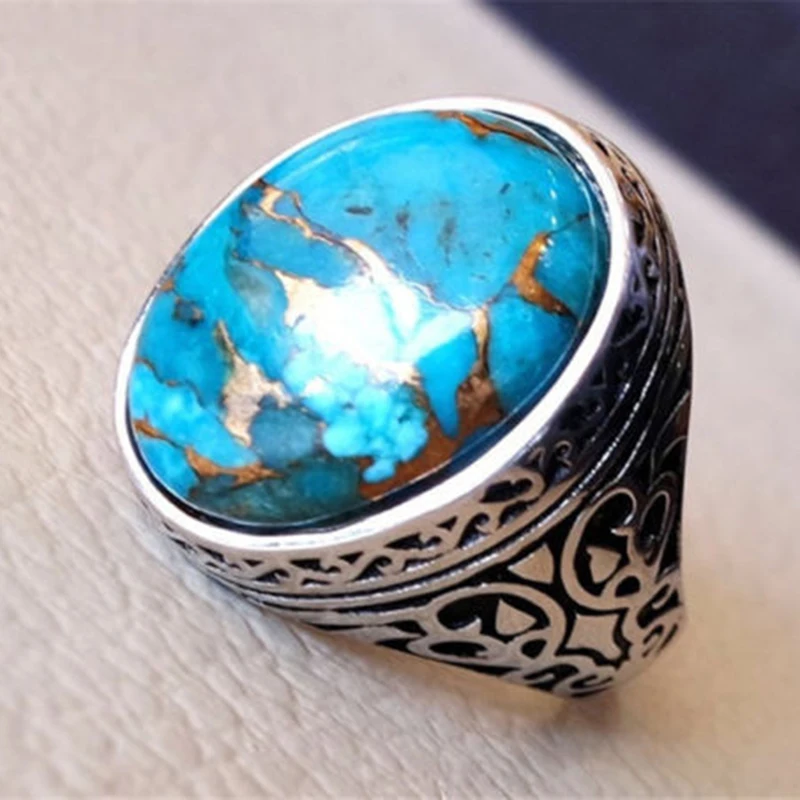 

Vintage Acient Silver Plated Carved Pattern Rings For Men Women Oval Turquoise Ring Stone Inlay Retro Fashion Jewelry Party Gift