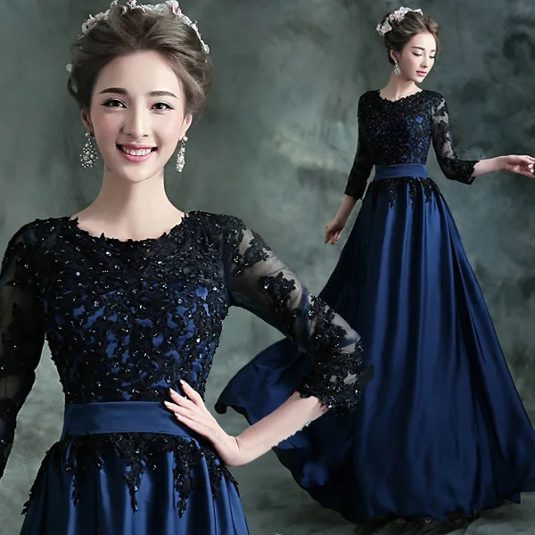 

Wholesale of Long Dress 2023 New Blue Black Medium and Long Sleeve Bridal Wedding Dress Evening Party Performance Host