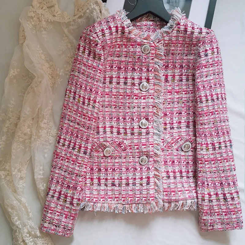 Tailor Store Temperament Small Fragrant Coat Female Celebrity Tweed Beaded Tassel Slim pink Crop Top Jacket Fall for Women