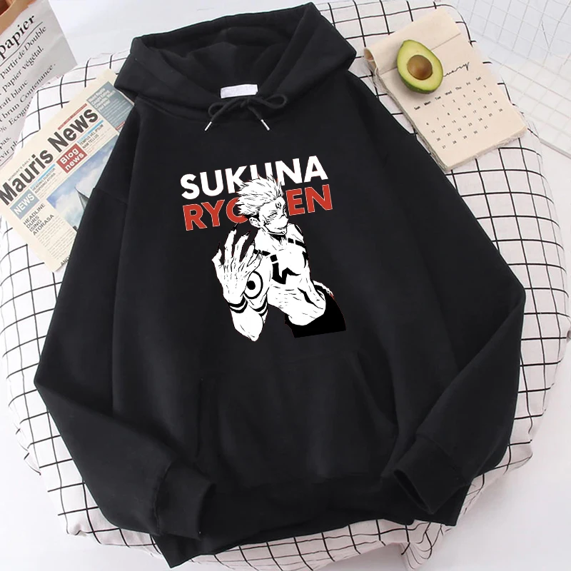 

Японские Аниме толстовки Harajuku Sukuna Graphic для мужчин и женщин, уличная одежда, пуловер, Свободный теплый свитшот с длинным рукавом, повседневные топы