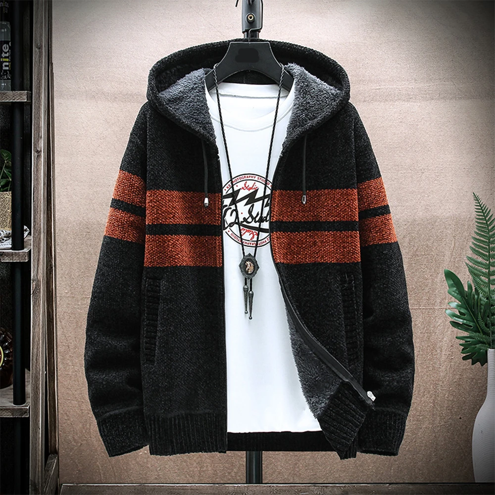 

2023 Spring Korean Hooded Men's Thick Sweaters with Velvet Men Cardigan Knitted Sweater coats Patchwork Jacket Male M-3XL