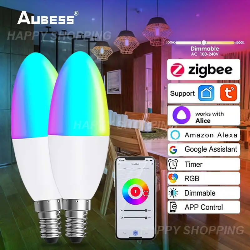 

Светодиодная лампочка E14 5 Вт для Alexa Google Home Яндекс. Alice Tuya Zigbee Rgbcw с регулируемой яркостью умная лампочка с голосовым управлением для умного дома