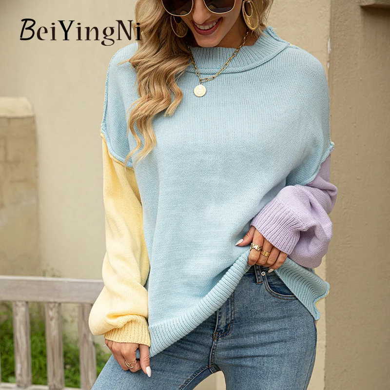 

Beiyingni Women's Knitting Sweater O-neck Spell Color Patchwork Khaki Female Pullover Autumn Winter Elegant Loose Casual Jumper
