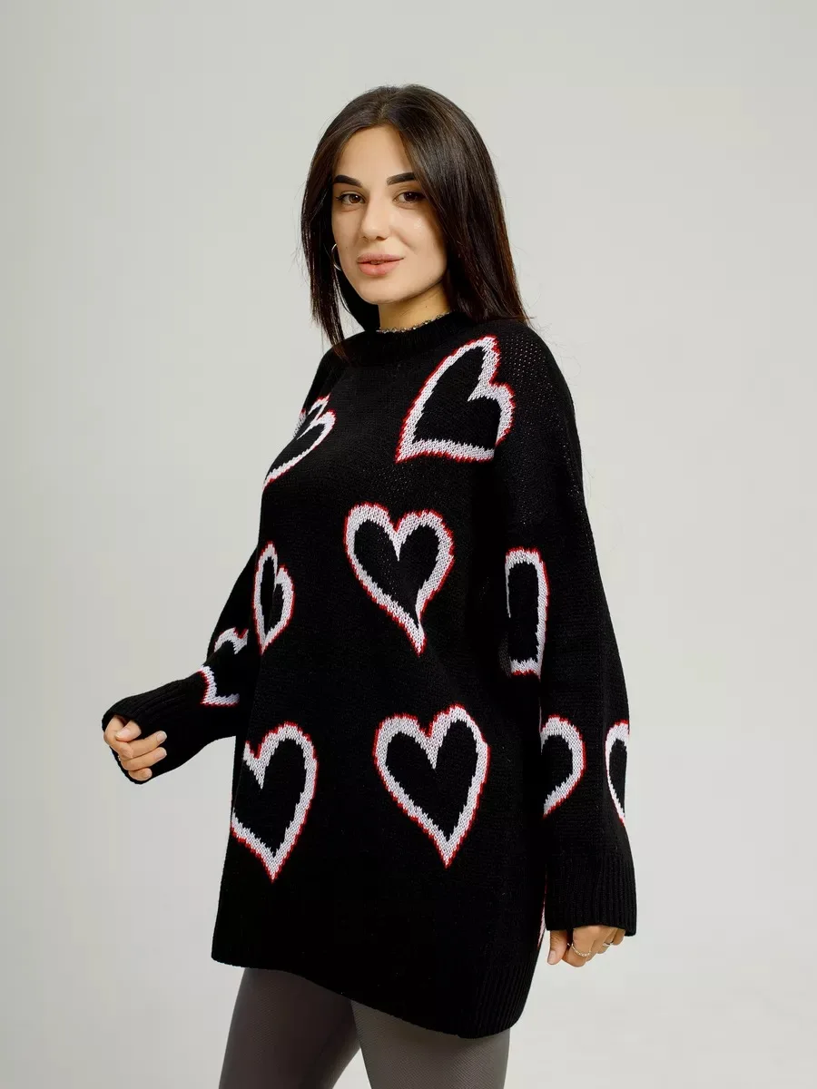Женский вязаный свитер с принтом сердечек Свободный пуловер круглым вырезом и