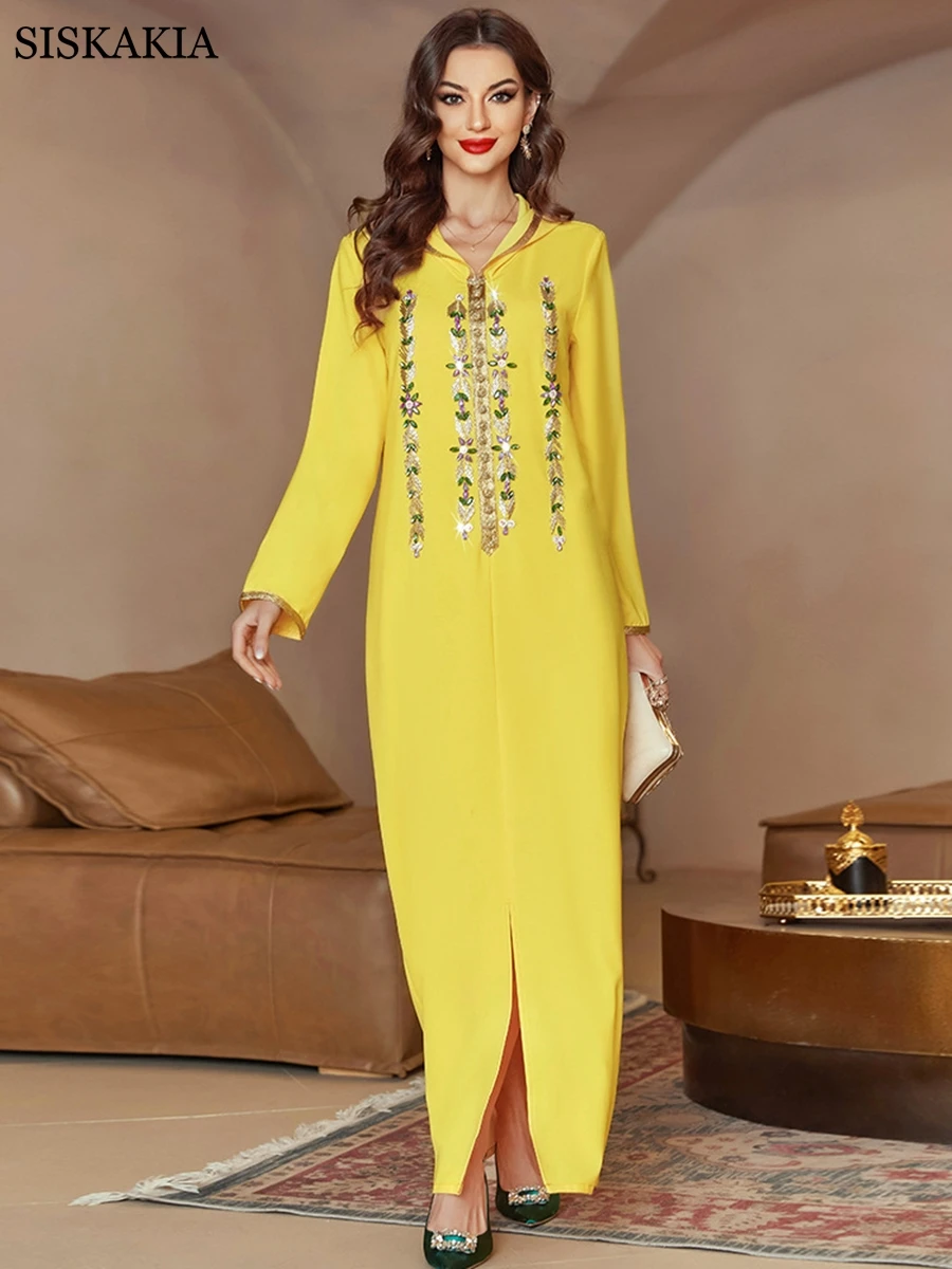 

Женское платье с капюшоном Eid, мусульманское платье с бриллиантами, Дубай, абайя, длинный рукав, мусульманская одежда, платья для женщин, 2022, ...