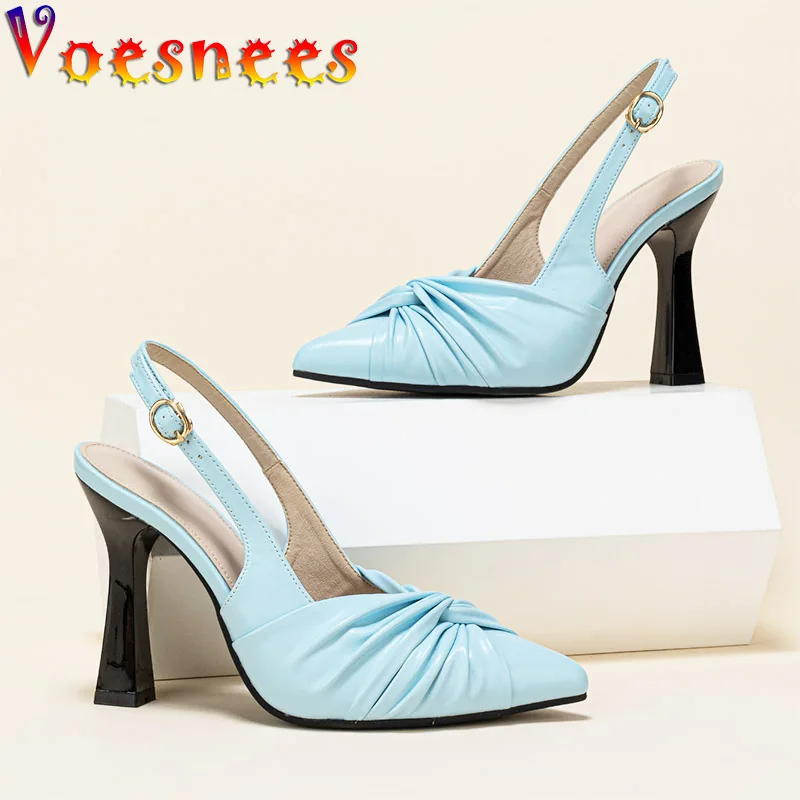 

Туфли-лодочки женские на высоком каблуке, заостренный носок, тонкий ремешок, пряжка, модная плиссированная обувь для свадьбы, голубого цвета